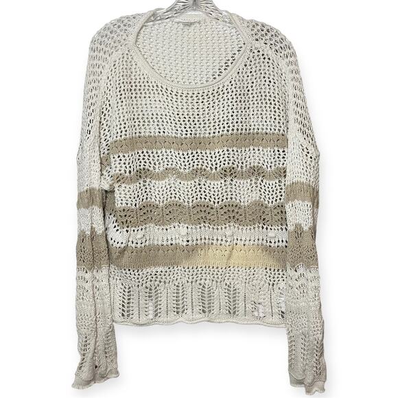 Beachlunchlounge Striped Open Knit Sweater Size M Neutral Beige White Pullover - Picture 1 of 9
